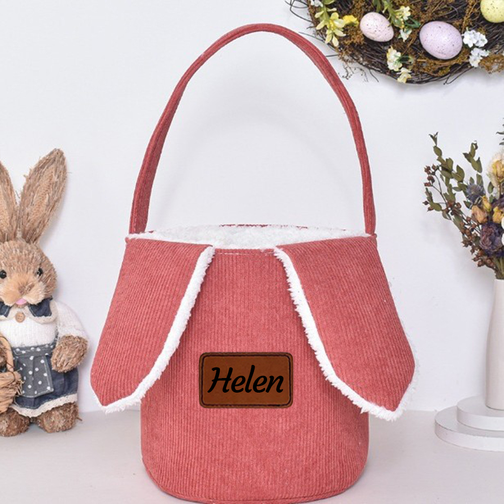 Personalized Leather Patch Corduroy Easter Bunny Basket | CWEaster4301
