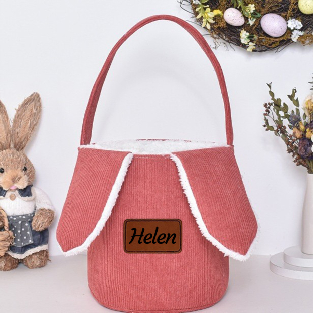 Personalized Leather Patch Corduroy Easter Bunny Basket | CWEaster4301