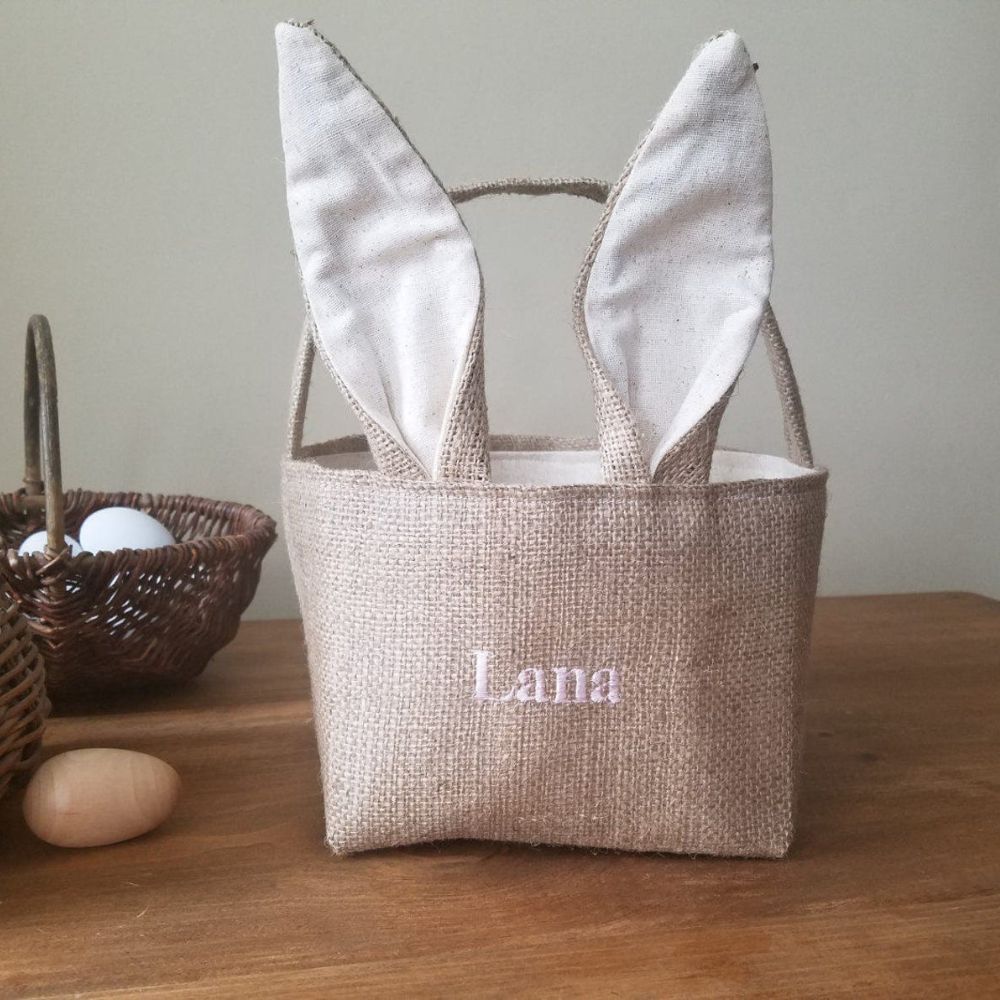 Personalized Embroidered Burlap Bunny Easter Basket | CWEaster46