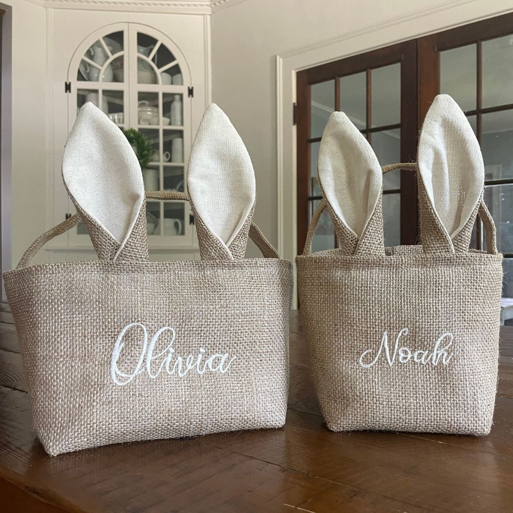 Personalized Embroidered Burlap Bunny Easter Basket | CWEaster46