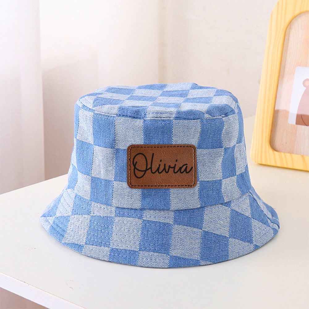 Personalized Leather Patch Checkerboard Denim Bucket Hat for Comfort & Unique | CWBeach175