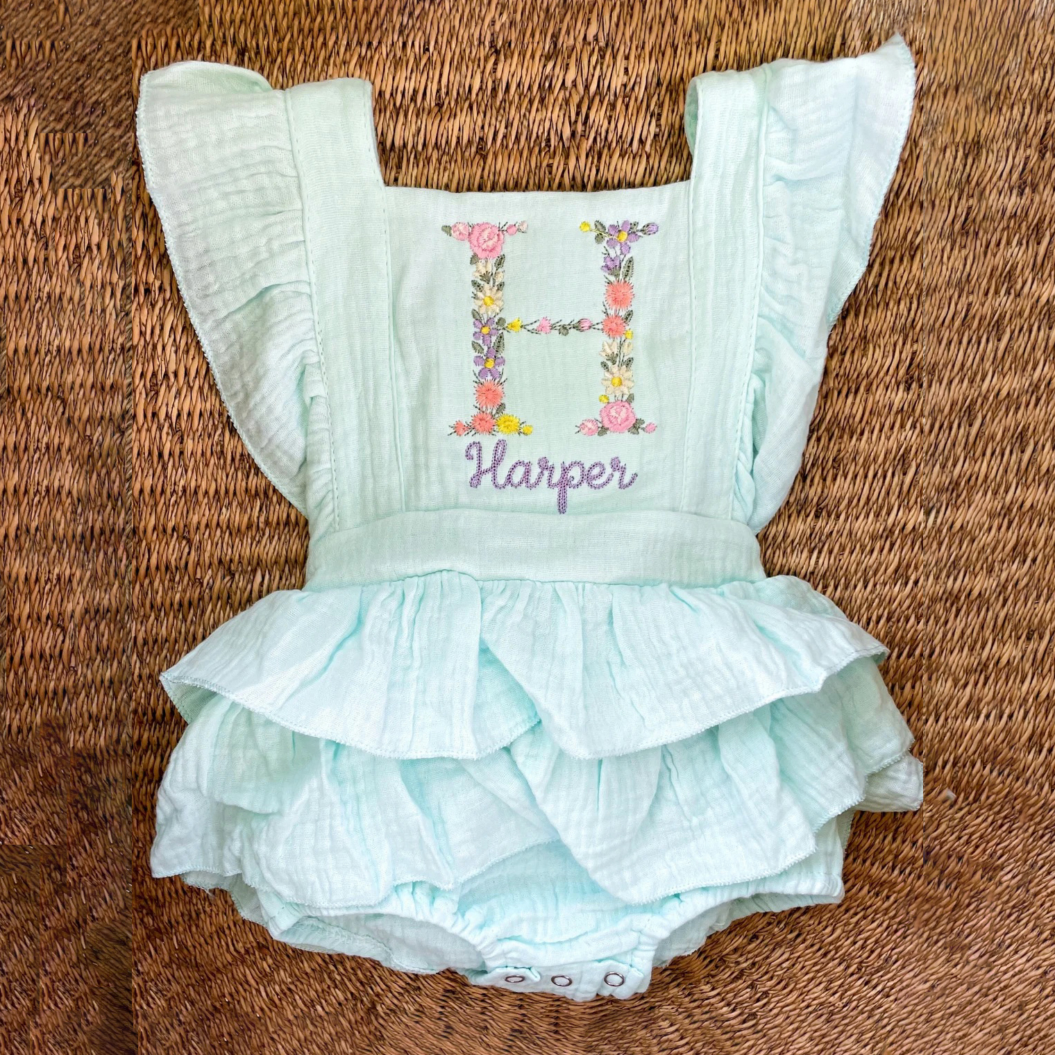 Personalized Embroidery Floral Name Ruffle Romper | CWBaby212