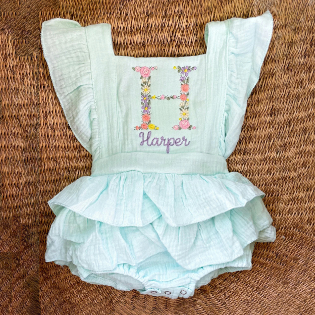Personalized Embroidery Floral Name Ruffle Romper | CWBaby212