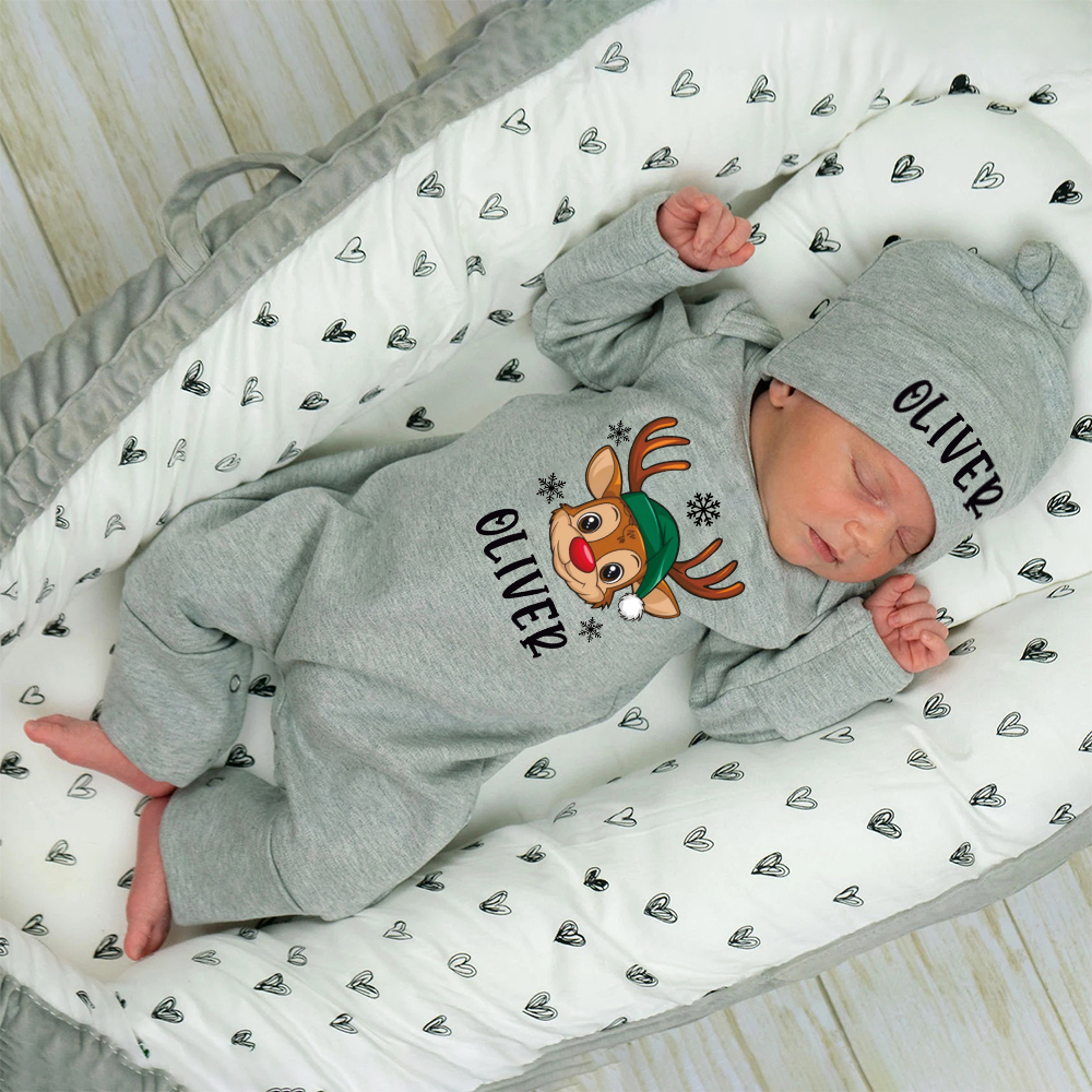Personalized Baby Christmas Adorable Elk Romper and Hat Set | MCGift233