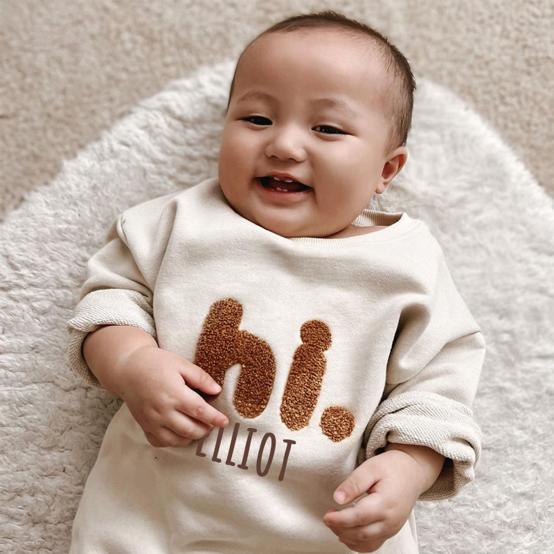 Personalized Kids Cozy SAY HI Sweatshirt Romper | inRomper14