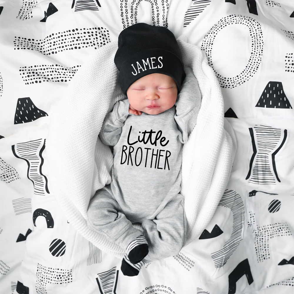 Personalized Little Brother Coming Home Romper With Hat Set | CWBaby13302
