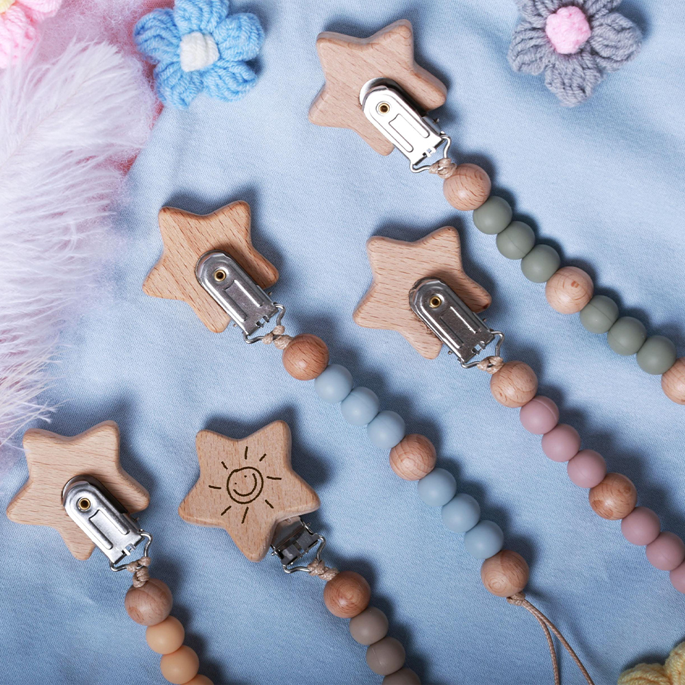 Personalized Baby Pacifier Silicone Wooden Bead Clip | CWToy130