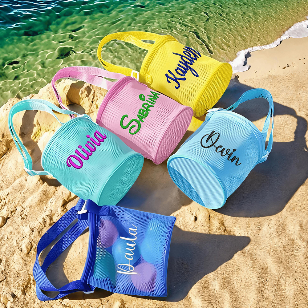 Personalized Embroidery Seashell Zipper Mesh Beach Bucket | CWBeach114