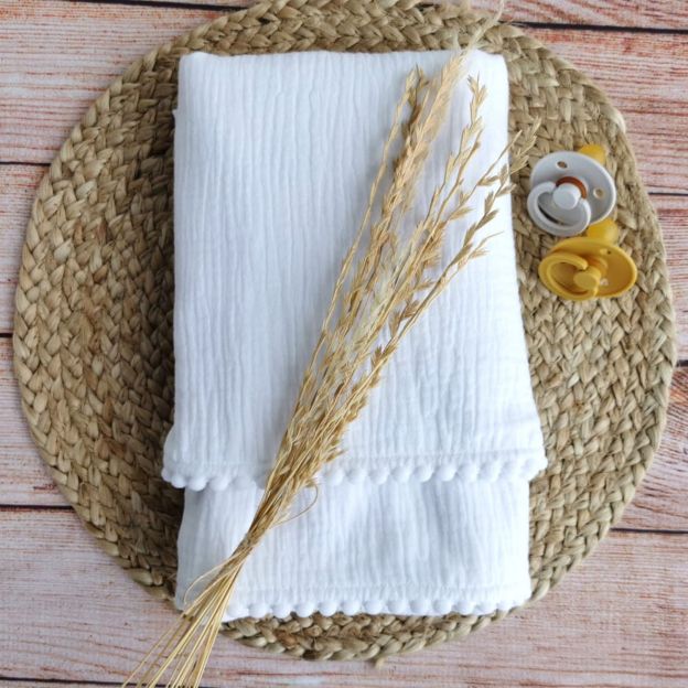 Personalized Embroidered Swaddle Muslin Pom Pom Blanket | CWBaby46