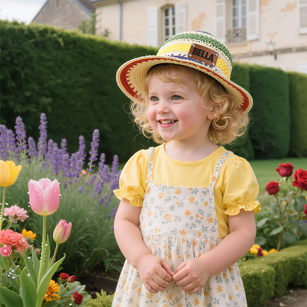 Personalized Summer Leather Patch Rainbow Straw Hat | CWBeach203
