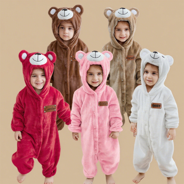Personalized Leather Patch Baby Lovely Bear Animal Romper | CWBaby288