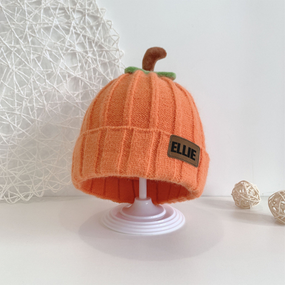 Personalized Leather Patch Pumpkin Wool Beanie | CWHalloween46