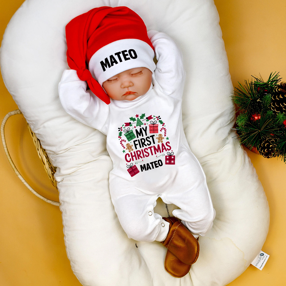 Personalized Baby 1st Christmas Ropmer and Hat Set | MCGift131