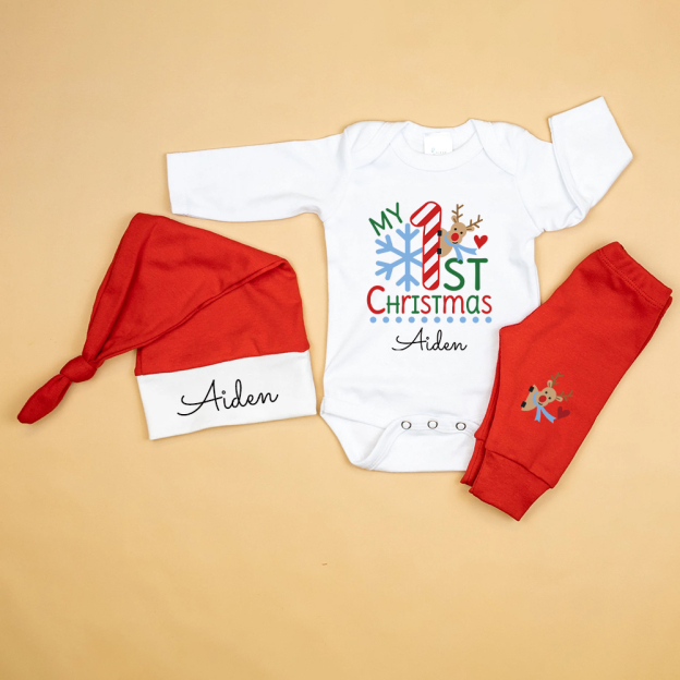 Personalized Baby 1st Christmas Ropmer Onesie Set | MCGift119