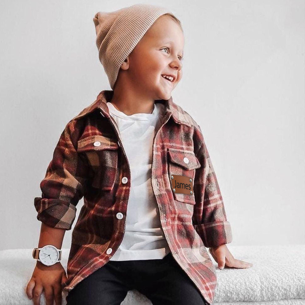 Personalized Leather Patch Kids Flannel Jacket | inJacket15