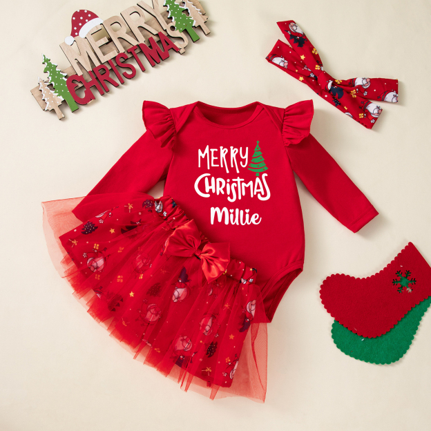 Personalized Baby Girl Christmas Tutu Romper with Bow | MCGift171