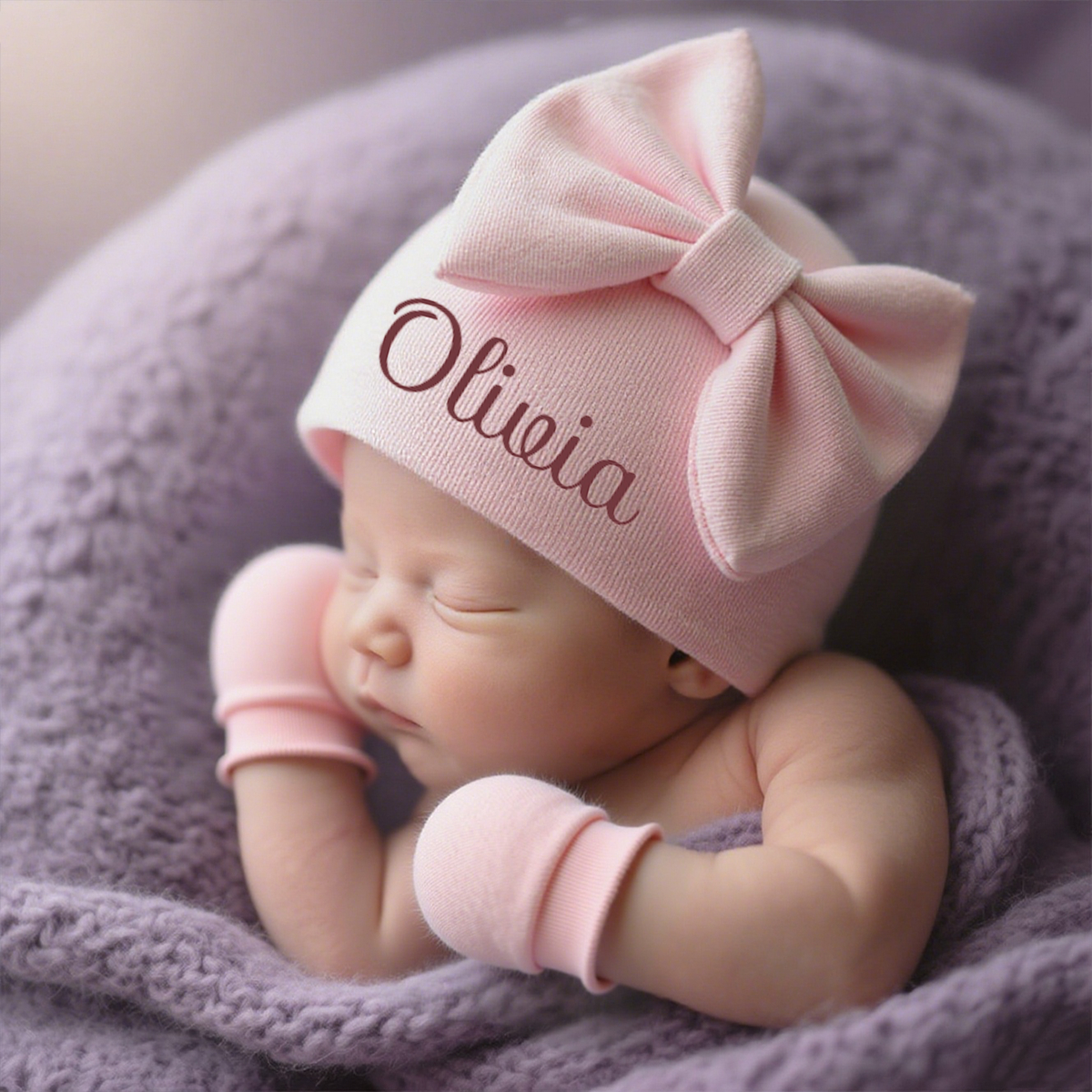 Personalized Newborn Coming Home Bow Beanie And Gloves Set | HSKid62