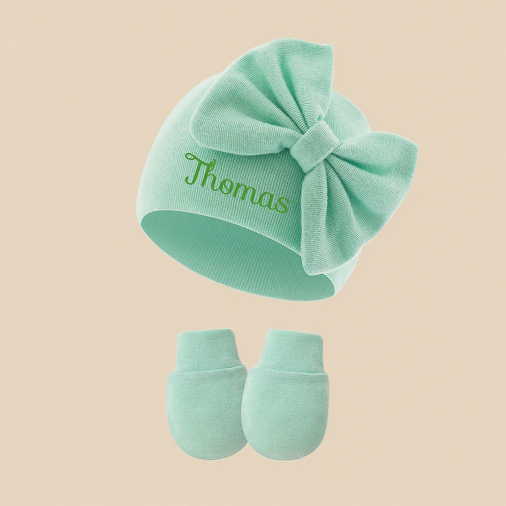 Personalized Newborn Coming Home Bow Beanie And Gloves Set | HSKid62