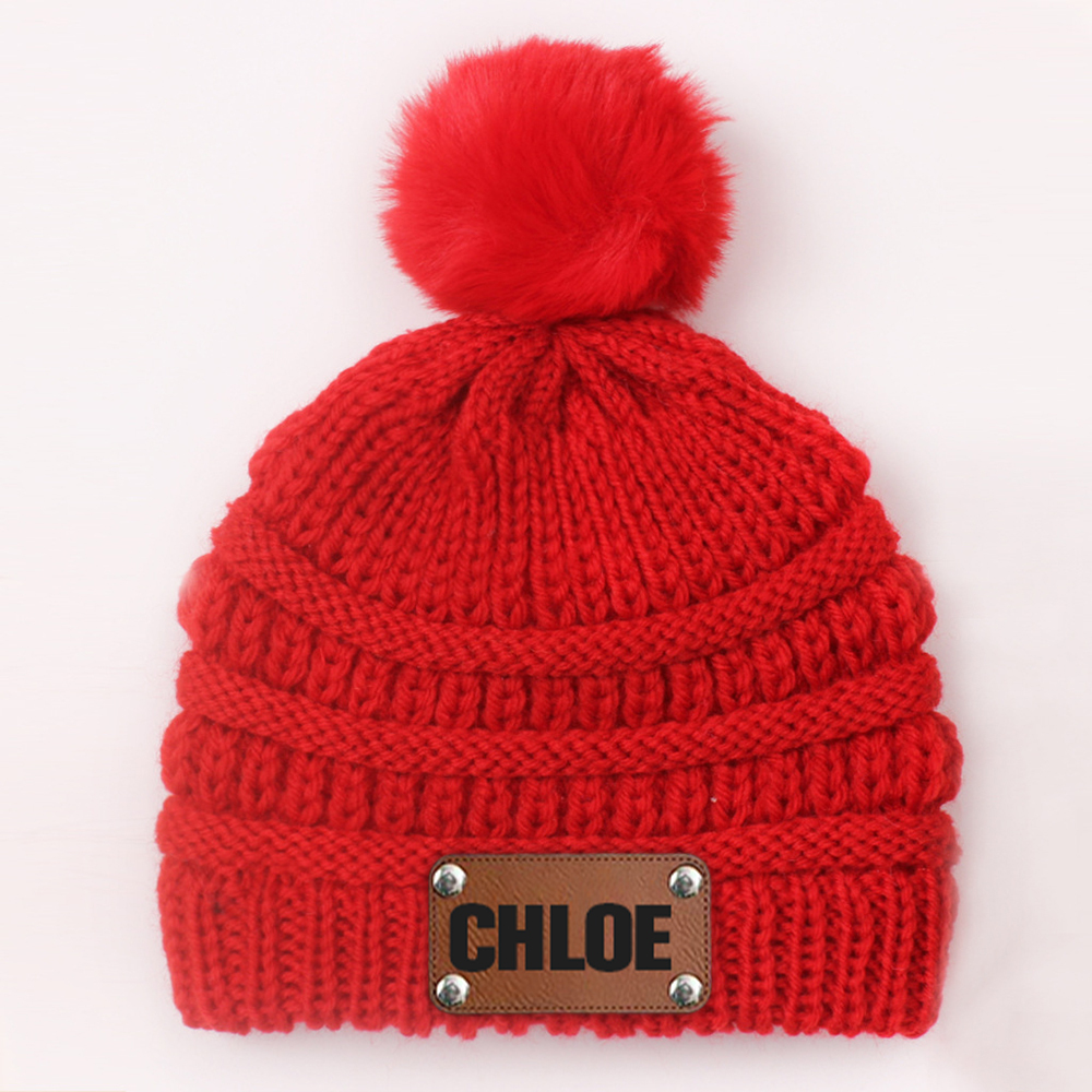 Personalized Leather Patch Kid Colorful Pom Pom Hat | HSKid63