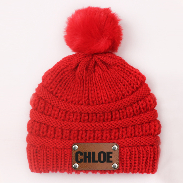 Personalized Leather Patch Kid Colorful Pom Pom Hat | HSKid63