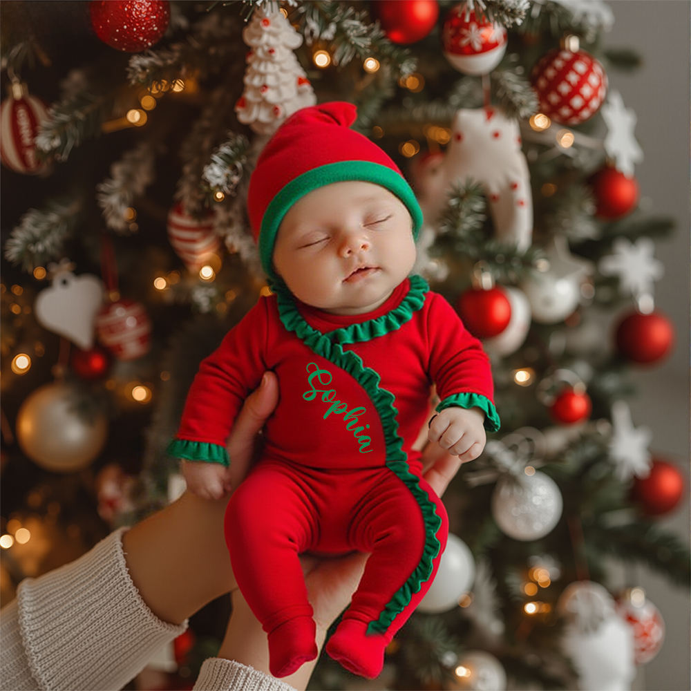 Personalized Newborn Christmas Velvet Ruffle Romper | MCGift176