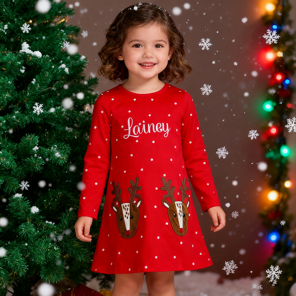 Personalized Girl's Christmas Reindeer Dress | MCGift180