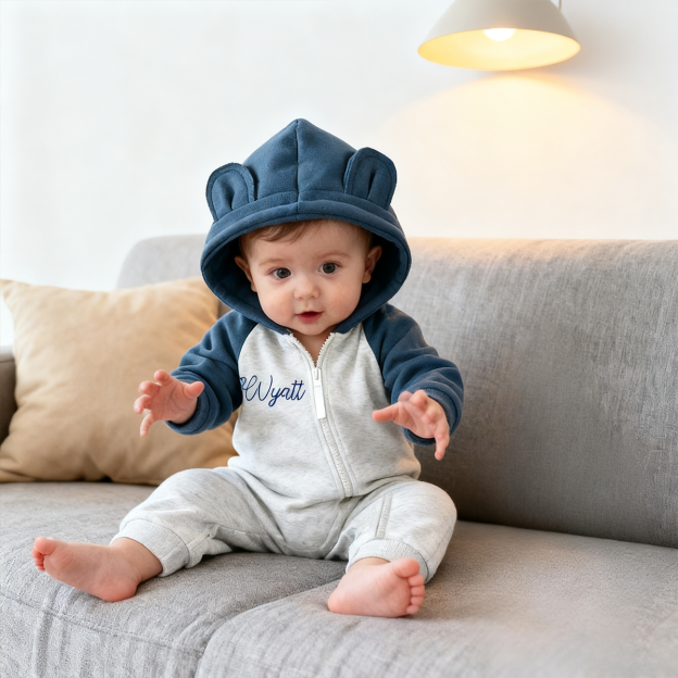 Personalized Baby Winter Cute Bear Warm Hood Romper | CWBaby323