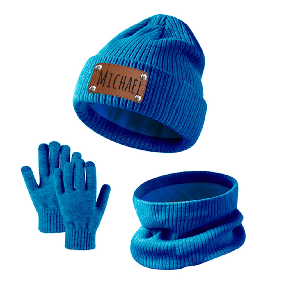 Personalized Leather Patch Kid Winter Hat Glove Scarf Set | HSKid69