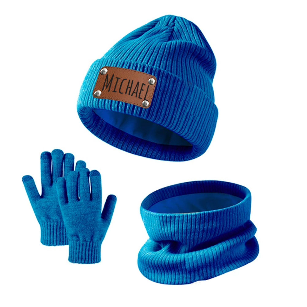 Personalized Leather Patch Kid Winter Hat Glove Scarf Set | HSKid69