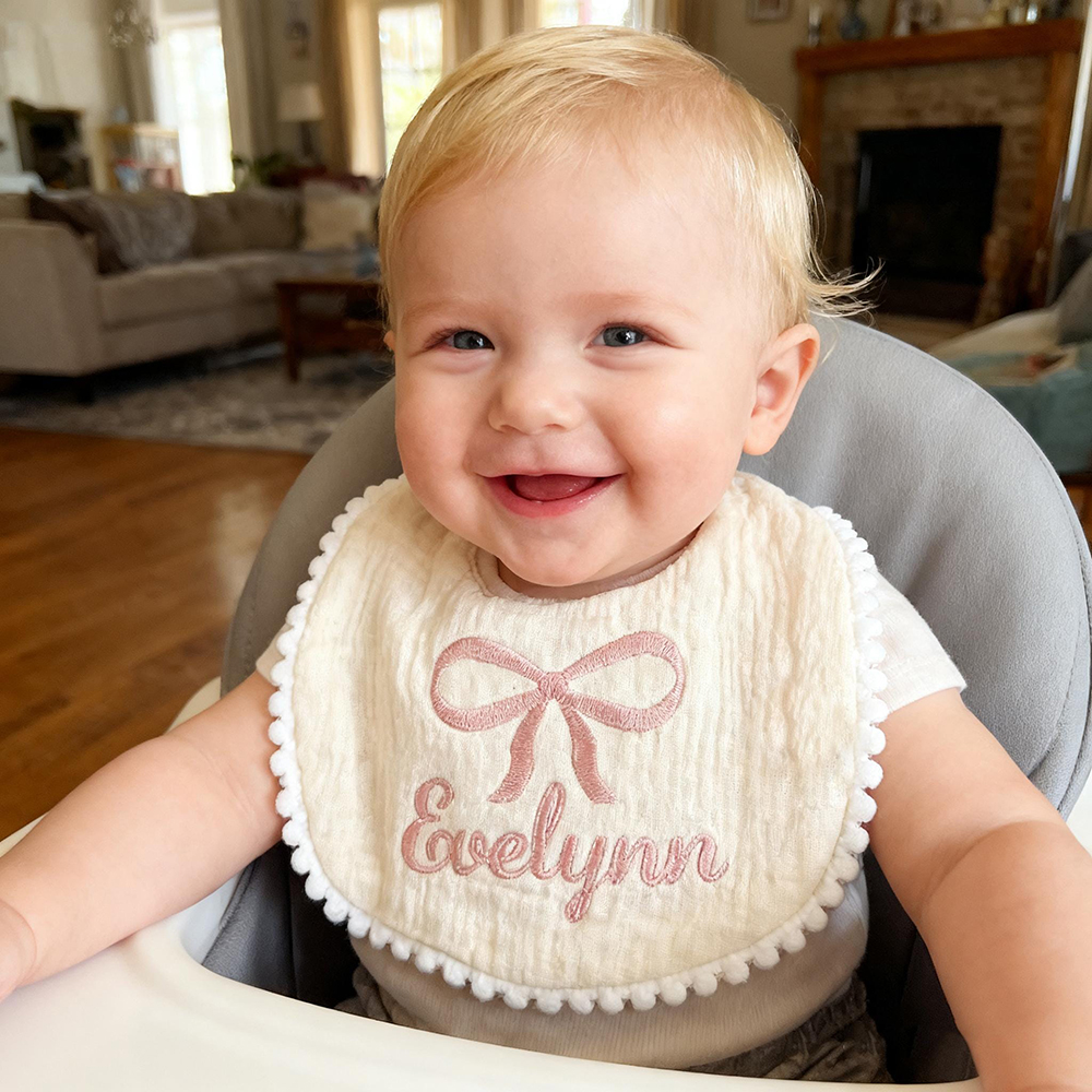 Personalized Embroidered Baby Lovely Bow Muslin Bib | CWBaby21402