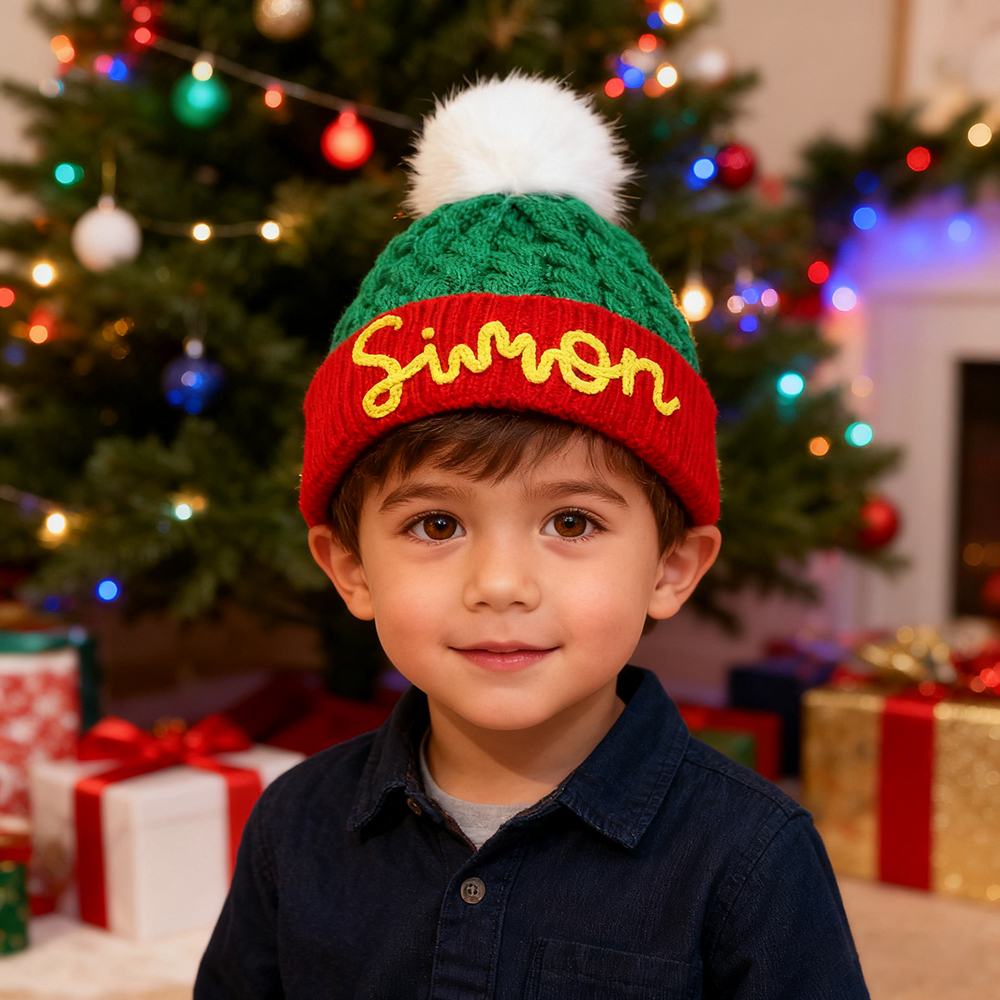 Personalized Hand Embroidery Christmas Pom Pom Hat | HSKid71