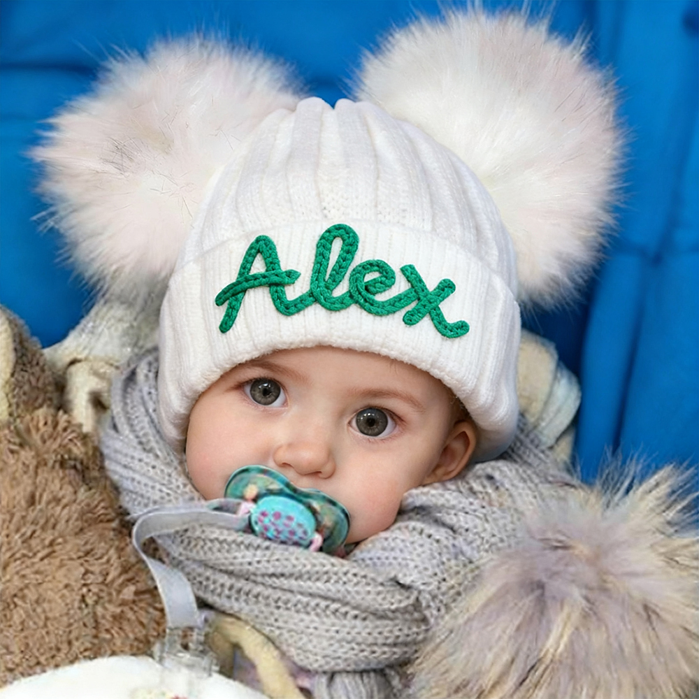 Personalized Hand Embroidery Kid Pom Pom Hat and Scarf | HSKid72
