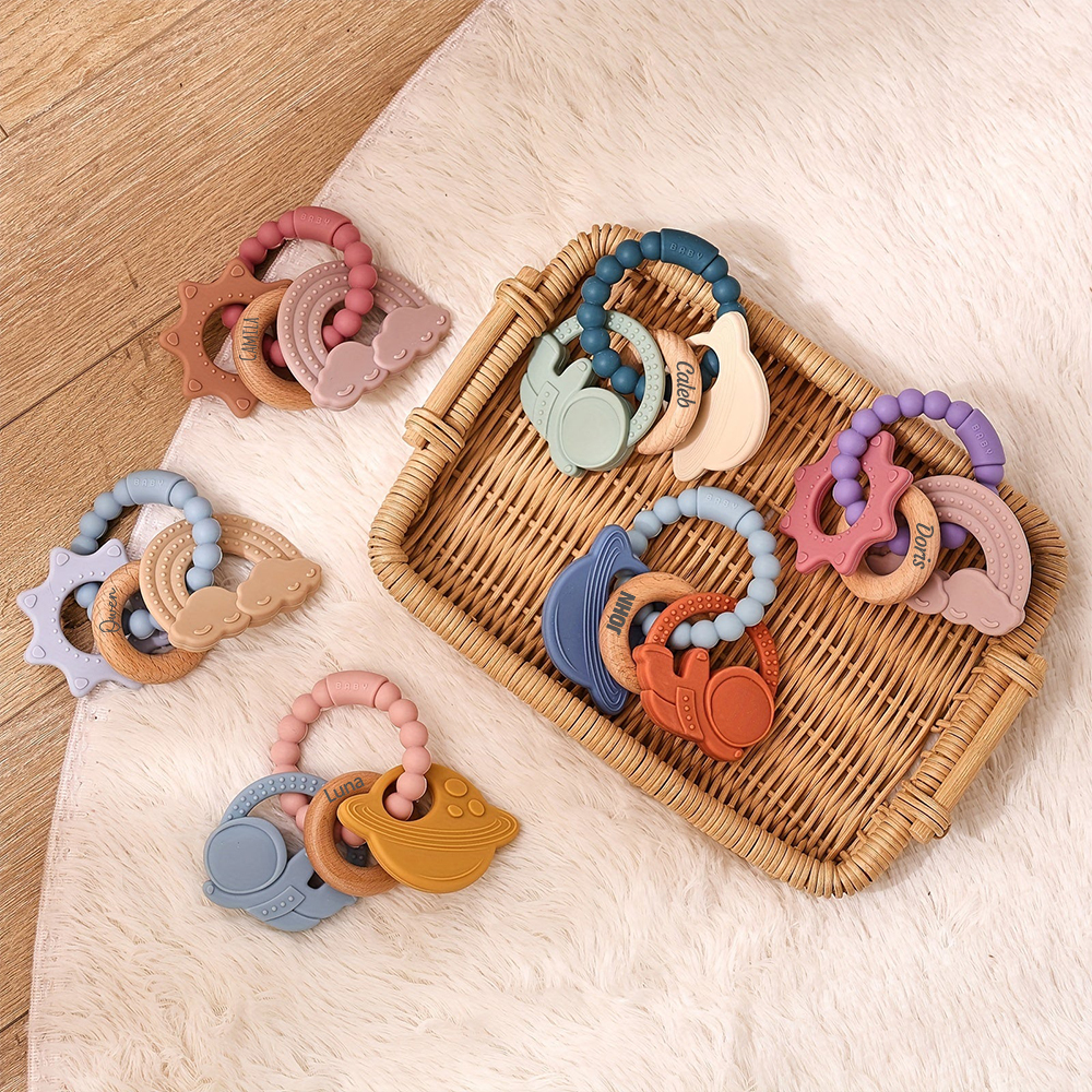 Personalised Baby Food Silicone & Wooden Sensory Teething Ring | CWToy162