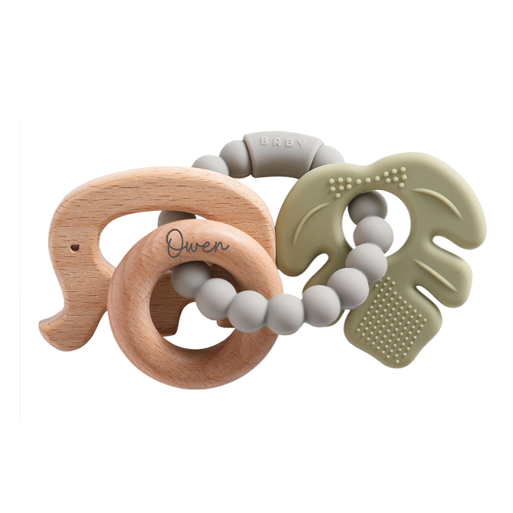 Personalised Baby Food Silicone & Wooden Sensory Teething Ring | CWToy162