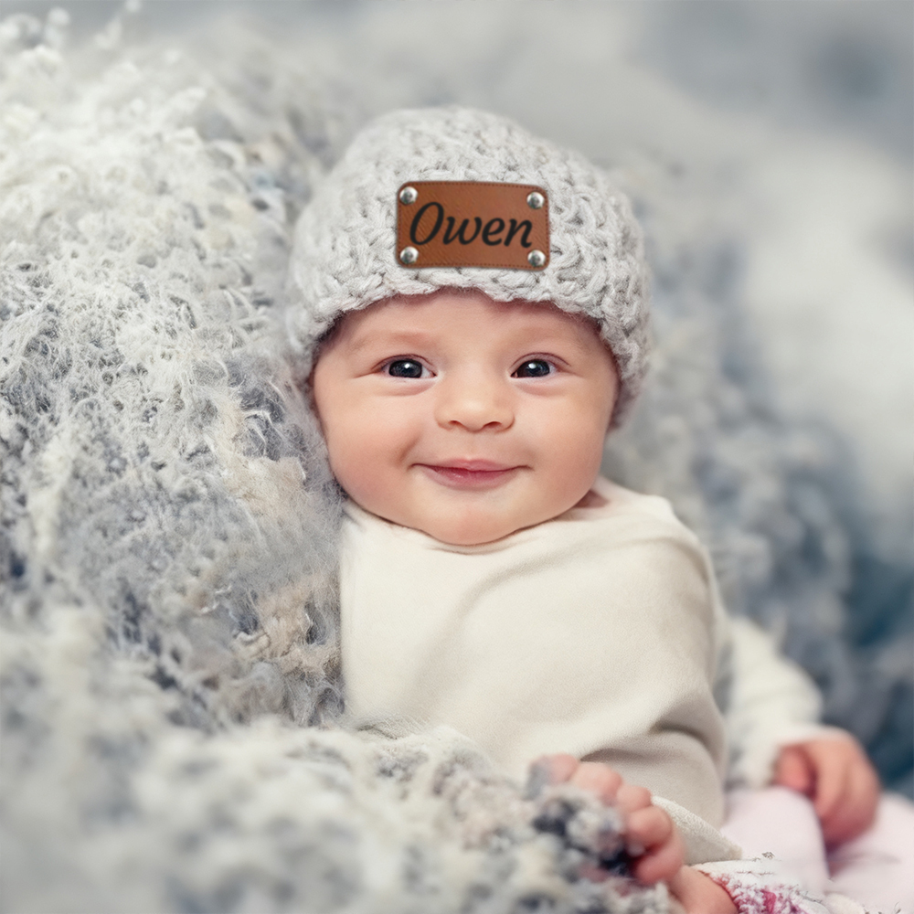 Personalized Leather Patch Baby Winter Warm Knitted Hat | HSKid76