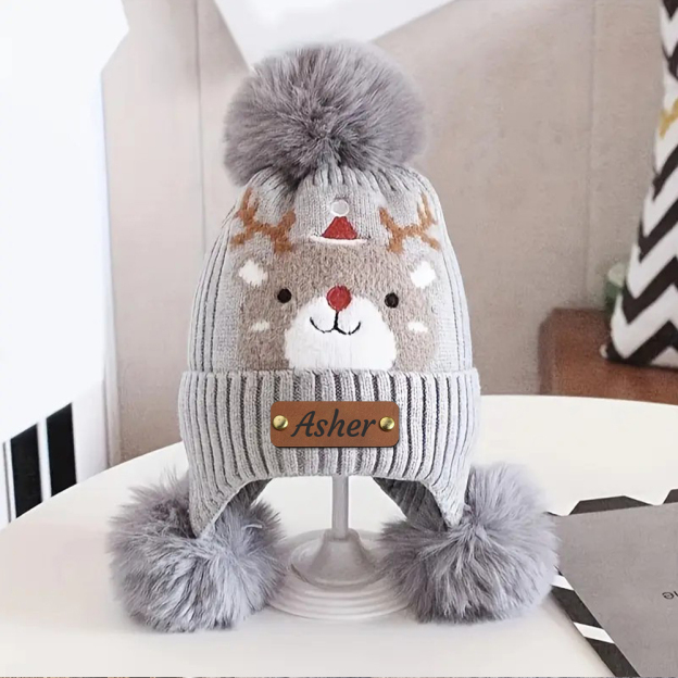 Personalized Leather Patch Adorable Elk Warm Winter Pom Pom Hat | HSKid77