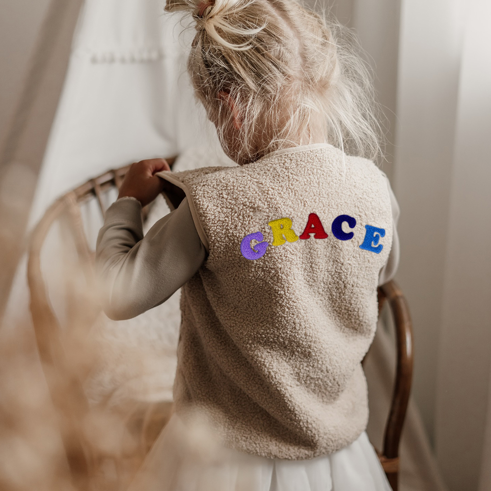 Personalized Colorful Letter Patch Toddler Sherpa Fleece Vest | CWBaby339
