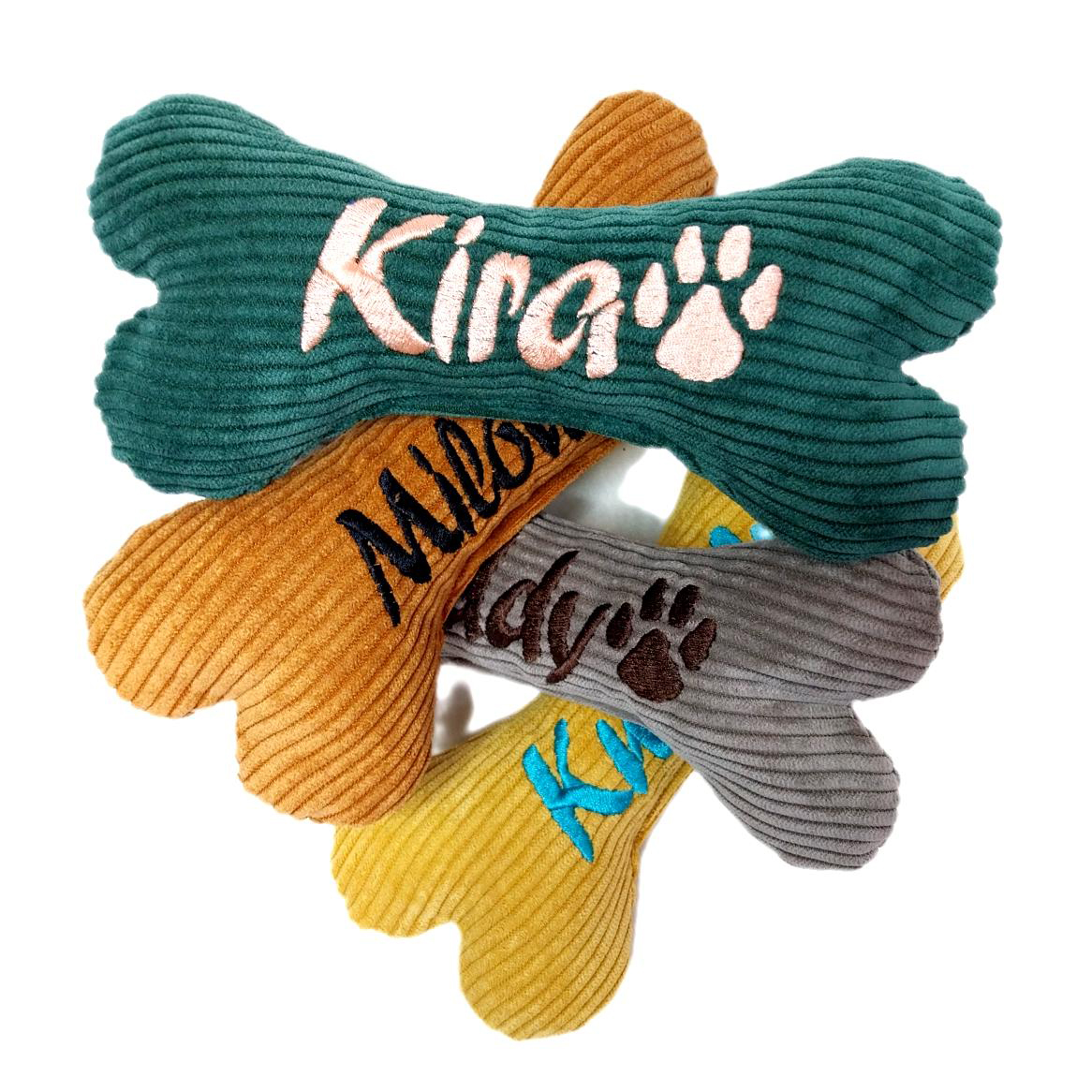 Personalized Embroidered Corduroy Puppy Bone Squeaker Toy | BKPet257