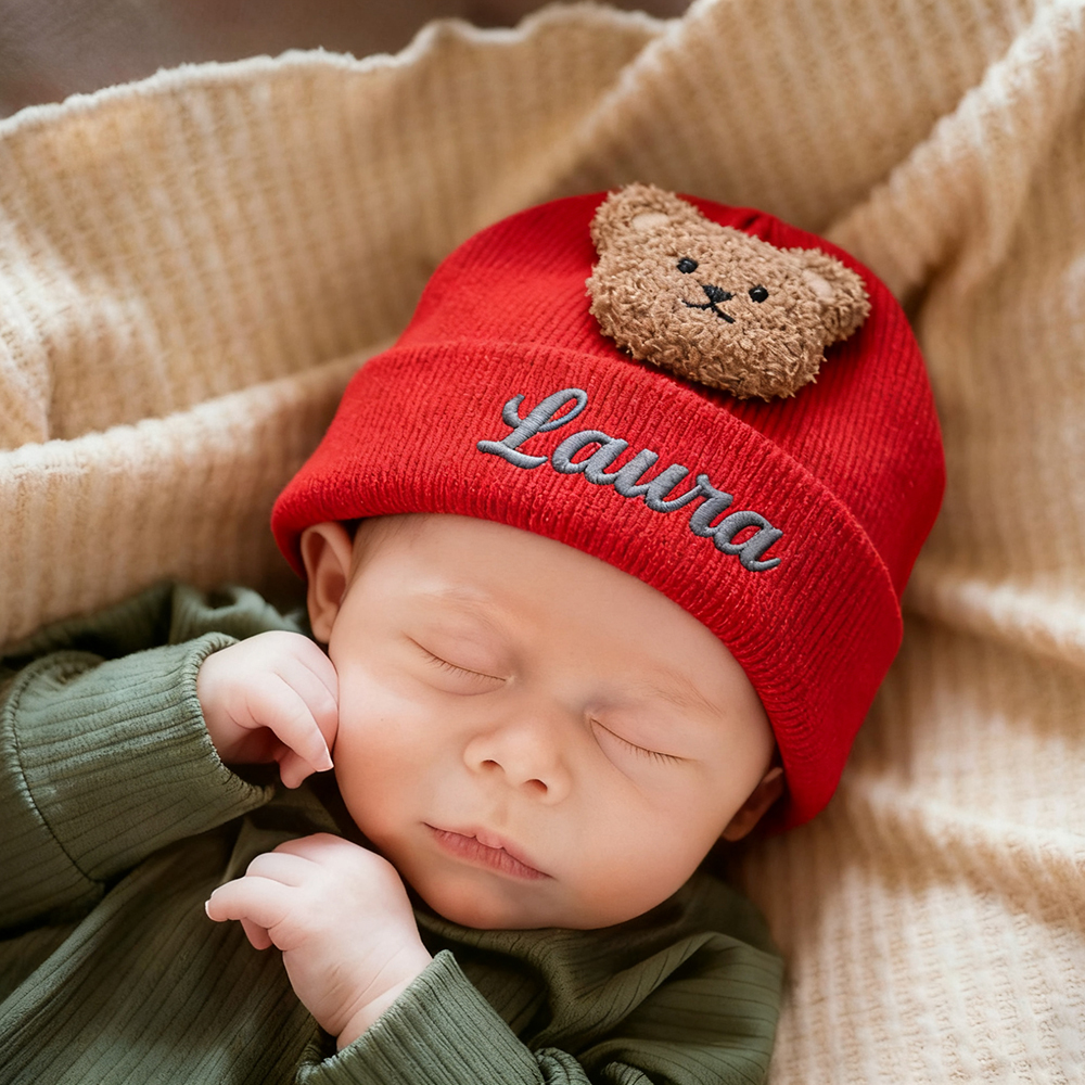 Personalized Embroidery Organic Cotton Baby Beanie with Teddy Bear | HSKid78