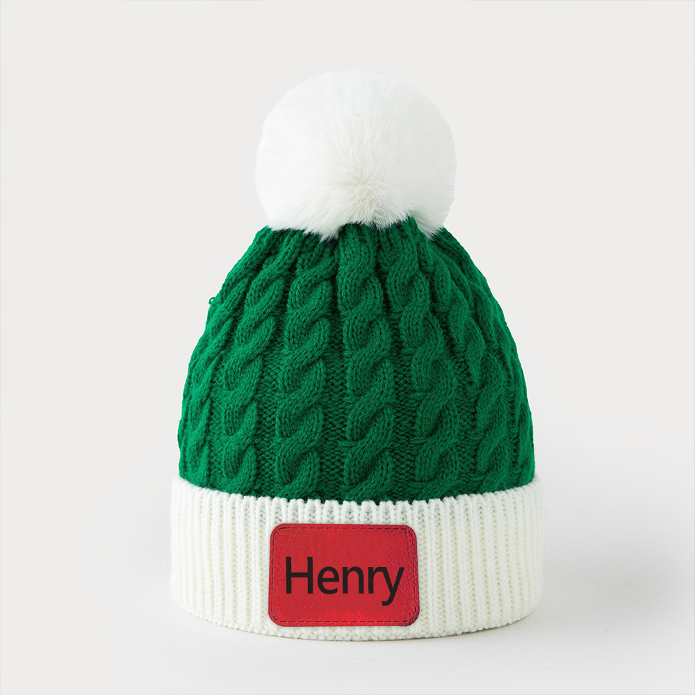 Personalized Leather Patch Christmas Pom Pom Hat | HSKid80