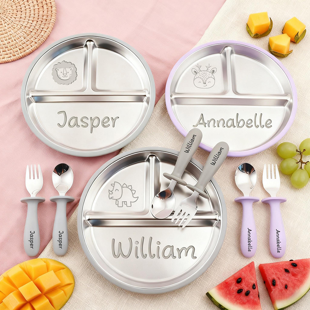 Personalised Baby Stainless Steel Plate Fork & Spoon Set | CWBaby352
