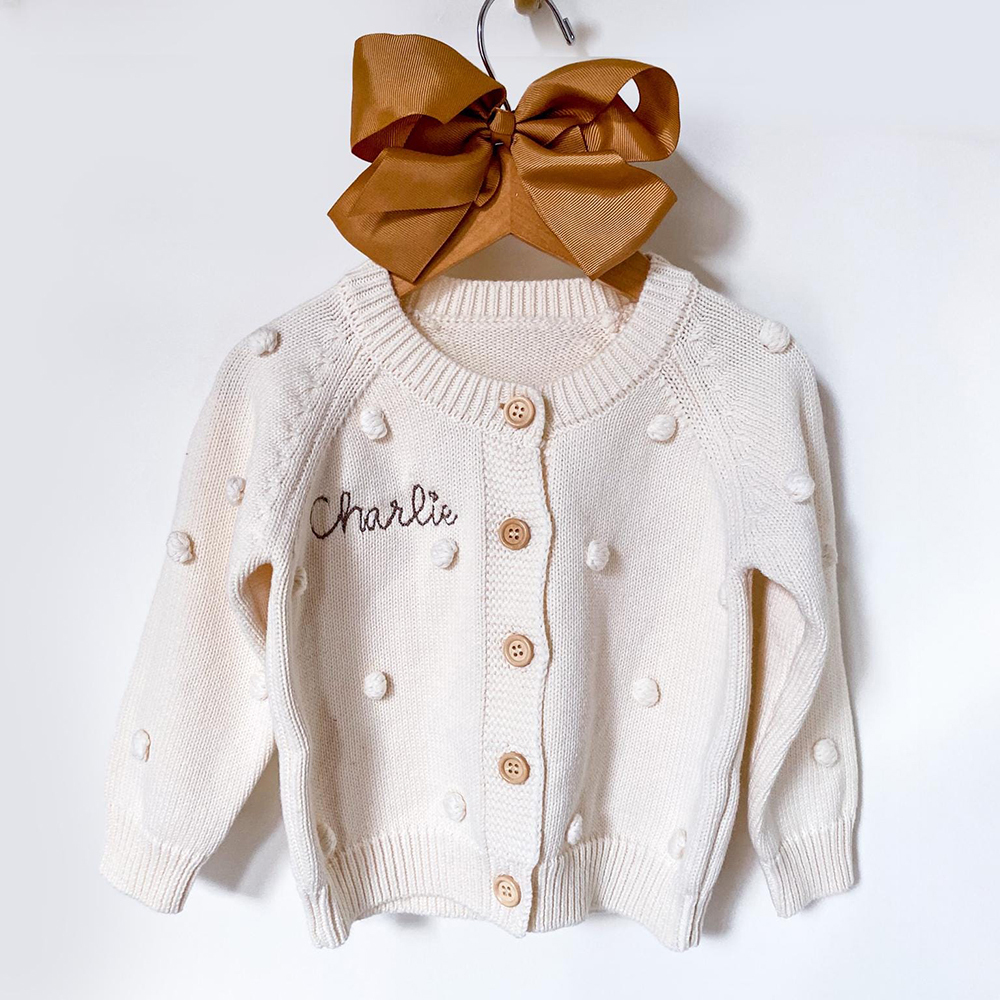 Personalized Embroidered Puff Knitted Cardigan Sweater | CWBaby361