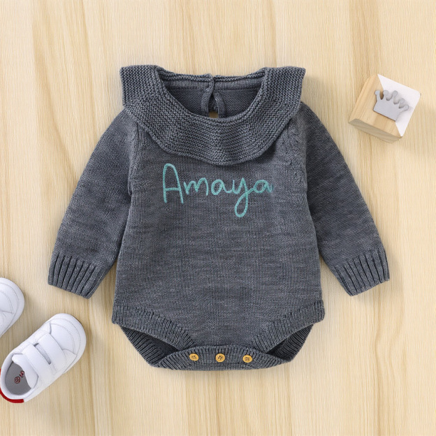 Personalized Hand Embroidered Baby Ruffled Knit Romper | CWBaby366