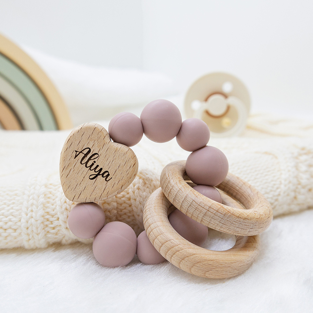 Personalized Baby Sensory Silicone Wooden Toy Ring | CWToy169