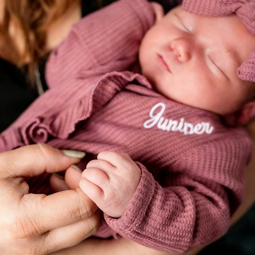 Personalized Newborn Embroidery Waffle Ruffled Romper With Bow | CWBaby426