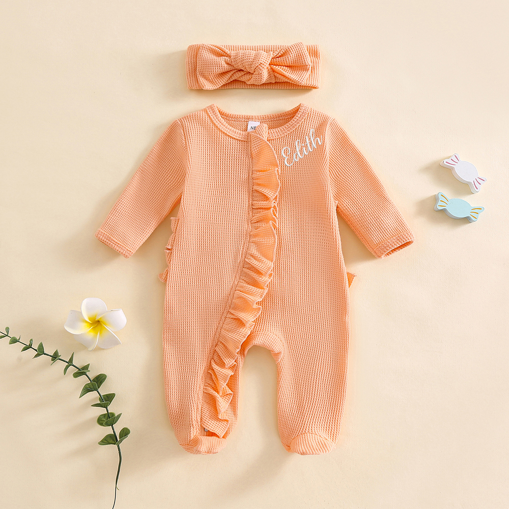 Personalized Newborn Embroidery Waffle Ruffled Romper With Bow | CWBaby426