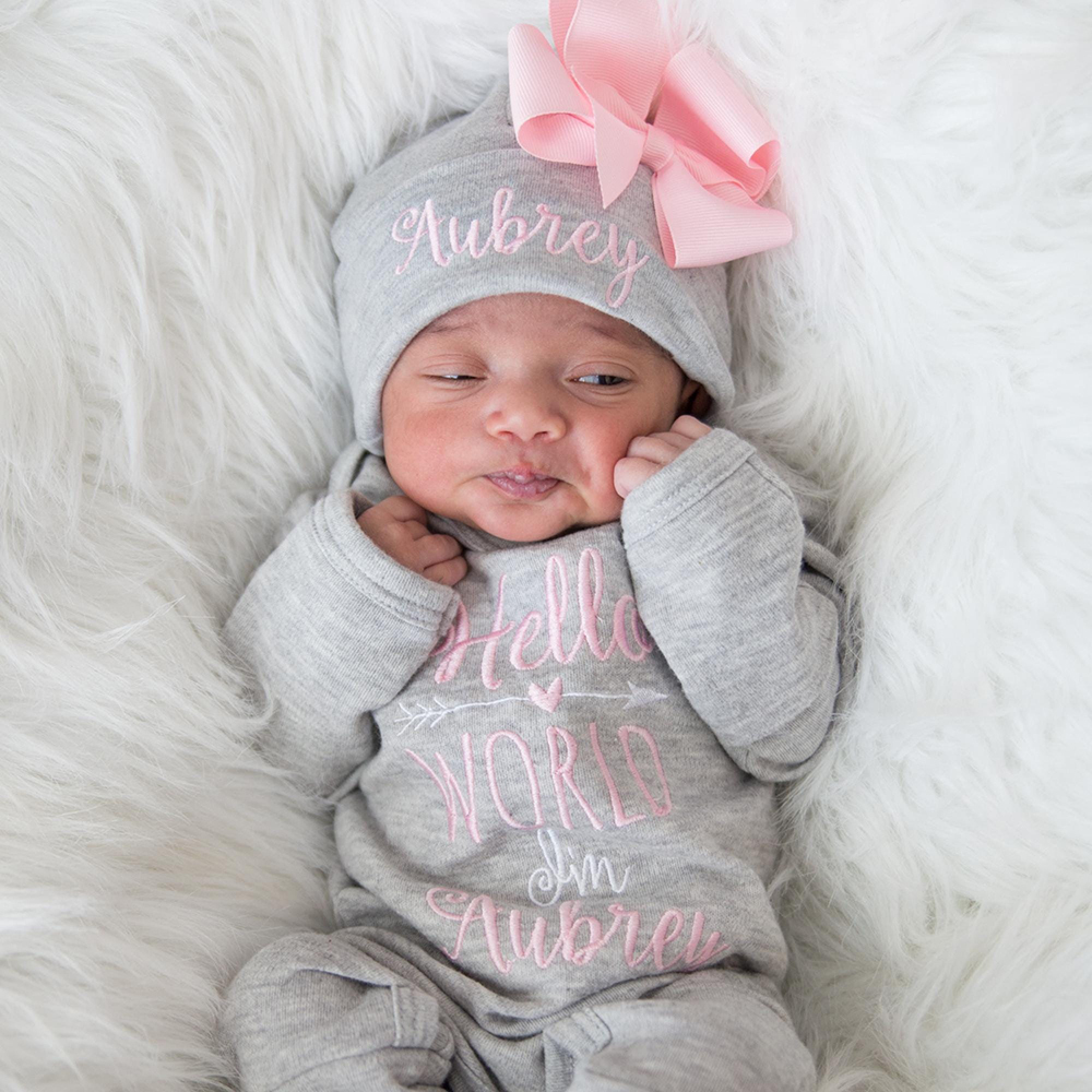 Personalized Embroidery Baby Girl Coming Home Romper and Hat Set | CWBaby425
