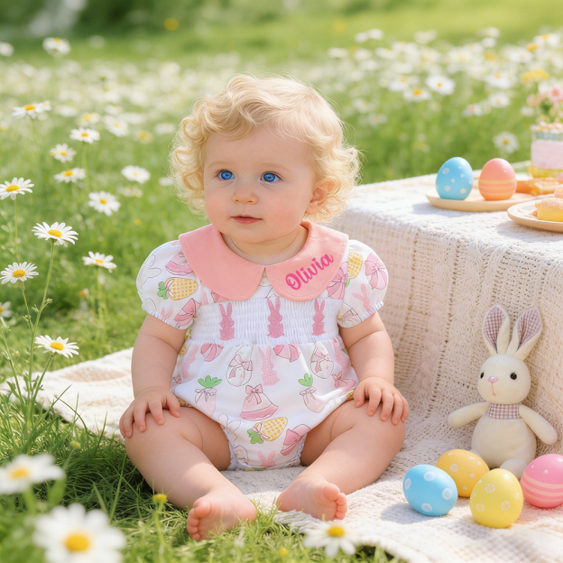 Personalized Easter Baby Girl Lovely Bunny Romper | CWEaster90