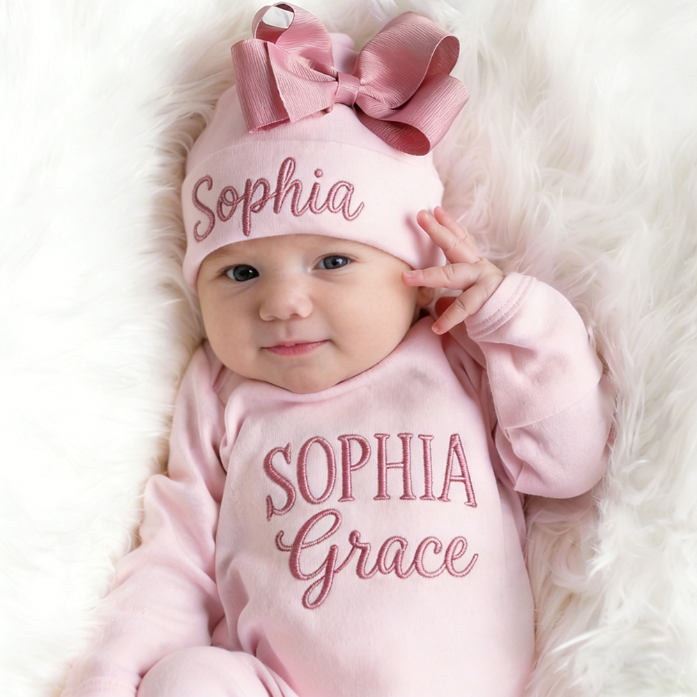 Personalized Embroidery Baby Girl Coming Home Romper and Hat Set | CWBaby458