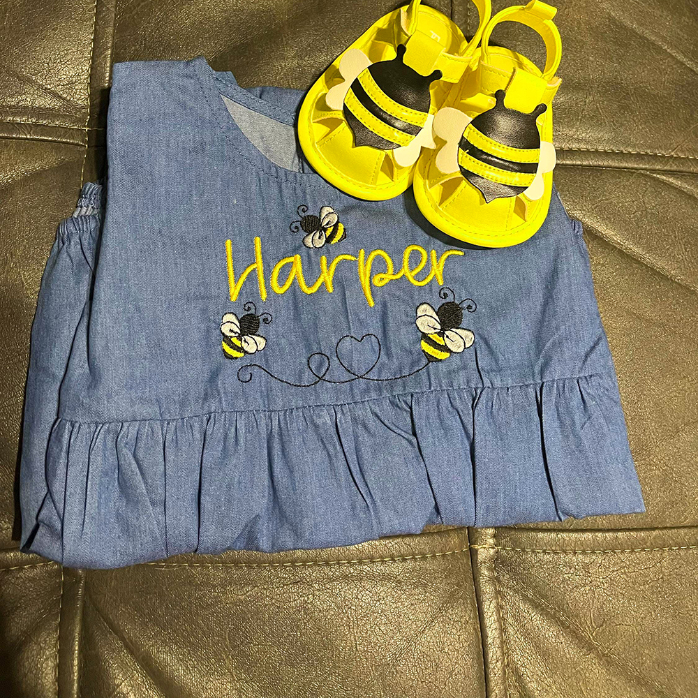 Personalized Baby Adorable BEE Denim Bubble Romper | CWBaby463